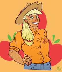 Size: 1280x1483 | Tagged: safe, artist:little-vimpress, imported from derpibooru, applejack, human, applejack's hat, arm freckles, button-up shirt, cowboy hat, cutie mark background, female, freckles, hand on hip, hat, humanized, smiling, solo, tan, tumblr nose