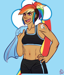 Size: 1280x1488 | Tagged: safe, artist:little-vimpress, imported from derpibooru, rainbow dash, human, alternative cutie mark placement, belly button, clothes, cutie mark background, cutie mark on human, female, hand on hip, humanized, midriff, open mouth, shoulder cutie mark, solo, sports bra, toned