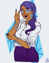 Size: 1280x1631 | Tagged: safe, artist:little-vimpress, imported from derpibooru, rarity, human, bracelet, button-up shirt, cutie mark background, dark skin, ear piercing, earring, female, glasses, humanized, jewelry, lipstick, long nails, moderate dark skin, mole, nail polish, piercing, smiling, solo