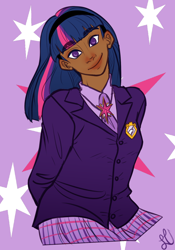 Size: 1196x1710 | Tagged: safe, artist:little-vimpress, imported from derpibooru, twilight sparkle, human, clothes, cutie mark background, dark skin, female, head tilt, humanized, looking at you, moderate dark skin, necktie, plaid skirt, skirt, smiling, solo, uniform