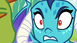 Size: 1280x720 | Tagged: safe, imported from derpibooru, screencap, princess ember, thorax, changedling, changeling, dragon, season 7, triple threat, angry, close-up, dragoness, female, gritted teeth, horns, king thorax, solo focus, stop talking, teeth, teeth grinding