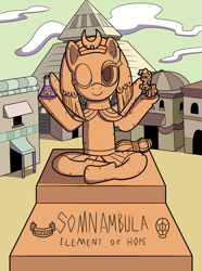 Size: 953x1280 | Tagged: safe, artist:sergeant16bit, imported from derpibooru, pinkie pie, somnambula, pegasus, blindfold, egyptian, egyptian headdress, egyptian pony, element of laughter, inanimate tf, lotus position, one eye closed, petrification, potion, sitting, statue, transformation, wink