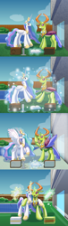 Size: 2750x9000 | Tagged: safe, artist:bladedragoon7575, imported from derpibooru, princess celestia, thorax, alicorn, changedling, changeling, inflatable pony, pooltoy pony, absurd resolution, air pump, arm on shoulder, book, comic, female, inflatable, inflatable scenery, inflatable toy, king thorax, levitation, living object, magic, male, mare, open mouth, open smile, reality shift, smiling, swimming pool, telekinesis, transformation