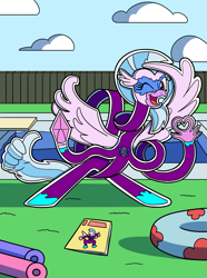 Size: 953x1280 | Tagged: safe, artist:sergeant16bit, imported from derpibooru, silverstream, hippogriff, elastic, heart hands, inner tube, one eye closed, open mouth, open smile, pool noodle, smiling, superhero, swimming pool, thumbs up, transformation, wink