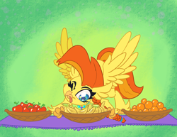 Size: 3300x2550 | Tagged: safe, artist:leadhooves, imported from derpibooru, oc, oc only, oc:goldenflow, classical hippogriff, hippogriff, abstract background, apple, banana, commission, female, food, hair tie, high res, one eye closed, orange, quadrupedal, solo, tongue out, wings