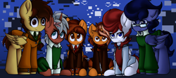 Size: 9680x4320 | Tagged: safe, artist:kranonetwork, imported from derpibooru, oc, oc:astral thunder, oc:cinnamon song, oc:orbital, oc:stormwing gale, oc:wild ace, oc:winter gale, pegasus, pony, unicorn, clothes, coat, family photo, female, male, mare, skirt, stallion, sweater, trans female, transgender