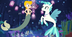 Size: 1126x586 | Tagged: safe, artist:ocean lover, artist:selenaede, imported from derpibooru, screencap, terramar, merboy, mermaid, merman, seapony (g4), equestria girls, bare chest, base, belly button, coral, disney, equestria girls-ified, fin wings, fins, glow, glowing, kelp, looking at each other, male, male nipples, mermaid tail, nipples, seaquestria, seaweed, swimming, the little mermaid, topless, underwater, urchin (the little mermaid), wings