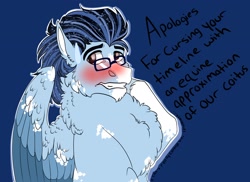 Size: 3016x2191 | Tagged: safe, artist:inisealga, imported from derpibooru, oc, oc only, oc:soaring spirit, pegasus, pony, blushing, chest fluff, coat markings, dialogue, facial markings, glasses, high res, male, meta, neck fluff, pegasus oc, simple background, socks (coat markings), solo, solo male, spread wings, stallion, text, twitter, wings