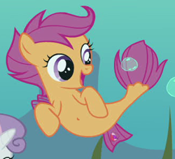 Size: 330x300 | Tagged: safe, edit, edited screencap, imported from derpibooru, screencap, apple bloom, scootaloo, sweetie belle, seapony (g4), surf and/or turf, belly button, bubble, cropped, cute, cutealoo, cutie mark crusaders, female, filly, offscreen character, sea-mcs, seaponified, seapony apple bloom, seapony scootaloo, seapony sweetie belle, solo focus, species swap, underwater