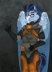 Size: 1855x2528 | Tagged: safe, artist:inisealga, imported from derpibooru, oc, oc only, oc:soaring spirit, anthro, pegasus, coat markings, facial markings, folded wings, glasses, gradient background, half-life, hev suit, markings, pegasus oc, wings