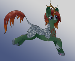 Size: 2100x1700 | Tagged: safe, artist:inanimatelotus, imported from derpibooru, oc, oc:herbal remedy, kirin, gradient background, jumping, kirin oc, leaping, midair, redraw, scales, soft shading, solo