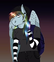 Size: 3016x3442 | Tagged: safe, artist:inisealga, imported from derpibooru, rainbow dash, anthro, pegasus, arm warmers, backpack, beanie, clothes, ear piercing, eyebrows, eyebrows visible through hair, facial scar, female, folded wings, gradient background, hat, high res, jeans, mare, neck fluff, pants, piercing, shirt, solo, solo female, wing fluff, wings