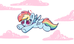 Size: 4042x2394 | Tagged: safe, artist:kittyrosie, imported from derpibooru, rainbow dash, pegasus, pony, blank flank, blushing, cloud, cotton candy, cute, dashabetes, female, filly, filly rainbow dash, flying, food, heart, mare, pink background, simple background, smiling, solo, spread wings, white background, wings, younger
