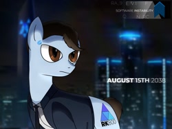 Size: 1600x1200 | Tagged: safe, artist:wolftendragon, imported from derpibooru, earth pony, pony, robot, robot pony, city, cityscape, clothes, connor, crossover, detroit: become human, male, night, ponified, rk800, solo
