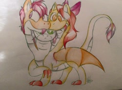 Size: 960x708 | Tagged: safe, artist:millefaller, imported from derpibooru, apple bloom, scootaloo, sweetie belle, hydra, bow, claws, cutie mark crusaders, female, fusion, hair bow, hydrafied, multiple heads, signature, smiling, species swap, three heads, tongue out, traditional art, translation request, we have become one