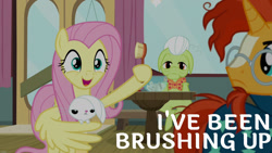 Size: 1280x720 | Tagged: safe, edit, edited screencap, editor:quoterific, imported from derpibooru, screencap, angel bunny, fluttershy, granny smith, sunburst, earth pony, pegasus, pony, unicorn, a trivial pursuit, season 9, spoiler:s09, cloak, clothes, comb, cute, female, glasses, male, mare, open mouth, open smile, shyabetes, smiling, stallion, sunburst's cloak, sunburst's glasses