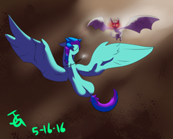 Size: 1000x800 | Tagged: safe, artist:joan-grace, imported from derpibooru, oc, oc:wish, pegasus, pony, duo, female, flying, glowing eyes, jewelry, mare, necklace, pegasus oc, signature, wings