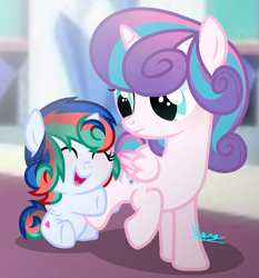 Size: 884x948 | Tagged: safe, artist:amicasecretuwu, imported from derpibooru, princess flurry heart, oc, oc:skyla heart, alicorn, pony, baby, baby pony, female, filly, older