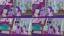 Size: 1280x720 | Tagged: safe, edit, edited screencap, editor:quoterific, imported from derpibooru, screencap, cozy glow, rainbow dash, starlight glimmer, twilight sparkle, alicorn, pegasus, pony, unicorn, school raze, season 8, spoiler:s08, book, eyes closed, female, filly, flying, glowing horn, grin, horn, magic, magic aura, magic drain, mare, open mouth, school of friendship, smiling, telekinesis, twilight sparkle (alicorn)