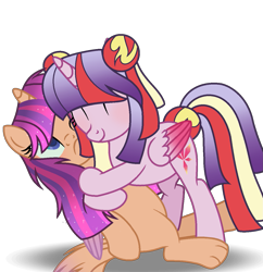 Size: 1221x1263 | Tagged: safe, artist:amicasecretuwu, imported from derpibooru, oc, oc only, oc:sunitly, oc:twinkle kitty, alicorn, hybrid, female, hug, magical lesbian spawn, mare, offspring, parent:capper dapperpaws, parent:sunset shimmer, parent:twilight sparkle, parents:sunsetsparkle, simple background, transparent background