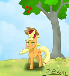 Size: 1863x2048 | Tagged: safe, artist:zeon_starlight, imported from derpibooru, apple bloom, applejack, earth pony, pony, apple, apple bloom riding applejack, apple tree, applejack's hat, cowboy hat, female, filly, food, hat, mare, ponies riding ponies, riding, siblings, tree