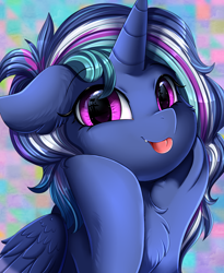 Size: 1446x1764 | Tagged: safe, artist:pridark, imported from derpibooru, oc, oc only, alicorn, pony, :p, alicorn oc, bust, chest fluff, cute, floppy ears, hooves on cheeks, horn, ocbetes, portrait, purple background, raffle winner, simple background, solo, tongue out, wings