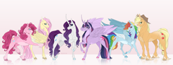 Size: 4000x1500 | Tagged: safe, artist:dementra369, imported from derpibooru, applejack, fluttershy, pinkie pie, rainbow dash, rarity, twilight sparkle, alicorn, earth pony, pegasus, pony, unicorn, curved horn, horn, mane six, twilight sparkle (alicorn)