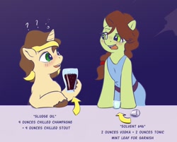 Size: 1100x884 | Tagged: safe, artist:drafthoof, imported from derpibooru, oc, oc:oil drop, oc:white spirit, earth pony, pony, unicorn, alcohol, drinking, duo, unshorn fetlocks, vodka