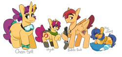 Size: 5100x2400 | Tagged: safe, artist:myahster, imported from derpibooru, oc, oc only, oc:ballistic dash, oc:chem spill, oc:mac-n-cheesy, oc:myah, oc:mystery brew, pegasus, unicorn, dog tags, family, goggles, group, gun, line-up, nametags, pillow, shotgun, weapon