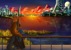 Size: 4096x2900 | Tagged: safe, artist:stray prey, imported from derpibooru, oc, oc:lucent, bat pony, unicorn, city, cityscape, female, futuristic, hug, loss (meme), male, mother and child, mother and son, scenery, size difference, sunset, water, wholesome, winghug, wings