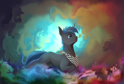 Size: 2500x1700 | Tagged: safe, artist:stray prey, imported from derpibooru, oc, oc:lucent, pony, unicorn, abstract background, adorable face, bandana, cloud, colorful, cute, male, smoke, stallion