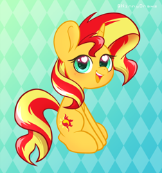 Size: 2480x2647 | Tagged: safe, artist:ninnydraws, imported from derpibooru, sunset shimmer, pony, unicorn, equestria girls, abstract background, blushing, cute, heart eyes, high res, looking at you, shimmerbetes, sitting, solo, wingding eyes