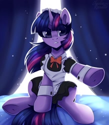 Size: 1750x2000 | Tagged: safe, artist:shadowreindeer, imported from derpibooru, twilight sparkle, pony, clothes, eye clipping through hair, female, maid, maidlight sparkle, mare, sitting, solo, underhoof