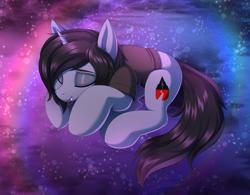 Size: 5994x4671 | Tagged: safe, artist:ask-colorsound, imported from derpibooru, pony, unicorn, abstract background, absurd resolution, clothes, commission, disguise, disguised siren, eyes closed, fangs, horn, kellin quinn, male, ponified, shirt, sleeping, smiling, solo, stallion, t-shirt, ych result