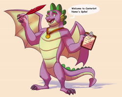 Size: 3824x3040 | Tagged: safe, artist:chub-wub, imported from derpibooru, spike, dragon, clipboard, gigachad spike, high res, male, medal, older, older spike, paper, quill, solo, spyro the dragon, spyro the dragon (series), style emulation
