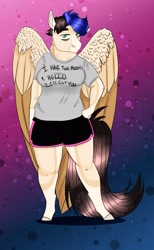 Size: 1792x2903 | Tagged: safe, artist:inisealga, imported from derpibooru, oc, oc only, oc:mocha frost, anthro, pegasus, chubby, clothes, female, folded wings, gradient background, mare, pegasus oc, shirt, shorts, solo, wings