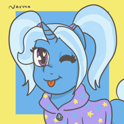 Size: 1000x1000 | Tagged: safe, artist:wrath-marionphauna, imported from derpibooru, trixie, pony, unicorn, ;p, alternate hairstyle, babysitter trixie, clothes, cute, diatrixes, female, heart eyes, hoodie, mare, one eye closed, pigtails, solo, tongue out, wingding eyes, wink