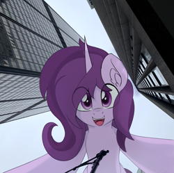 Size: 1775x1770 | Tagged: safe, artist:czu, imported from derpibooru, oc, oc only, oc:czupone, pony, unicorn, city, eye clipping through hair, looking at you, looking down, low angle, macro, pov, smiling, smiling at you