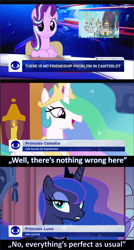 Size: 1086x2033 | Tagged: safe, edit, edited screencap, imported from derpibooru, screencap, princess celestia, princess luna, starlight glimmer, alicorn, pony, unicorn, series:equestrian propaganda of success, a royal problem, season 7, canterlot, chair, female, mare, meme, news, poland, ponified meme, propaganda parody, royal sisters, siblings, sisters, sitting, tvp, zbs