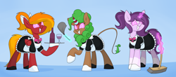 Size: 6000x2635 | Tagged: safe, artist:moonatik, imported from derpibooru, oc, oc only, oc:czupone, oc:moonatik, oc:stillwater, kirin, pegasus, pony, unicorn, abstract background, apron, bottle, bow, bowtie, broom, clothes, crossdressing, duster, forced smile, glass, gloves, grin, hair bow, horn, hypnosis, hypnotized, kirin oc, levitation, magic, maid, male, pegasus oc, platter, ponytail, shoes, smiling, stallion, swirly eyes, telekinesis, tights, tray, unicorn oc, wine bottle, wine glass