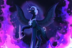 Size: 3084x2048 | Tagged: safe, artist:maybeweed, imported from derpibooru, nightmare moon, alicorn, pony, curved horn, ears back, evil grin, fangs, featured image, female, grin, helmet, high res, hoof shoes, hooves, horn, looking at you, mare, raised hoof, smiling, smiling at you, solo, spread wings, standing, wings