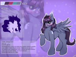 Size: 1600x1200 | Tagged: safe, artist:chura chu, imported from derpibooru, oc, oc only, oc:chura, horse, pegasus, pony, blue eyes, blue fur, blushing, character, color palette, female, filly, horn, horns, information, long hair, long mane, long tail, mare, not porn, original character do not steal, pose, reference, reference sheet, shy, solo, violet background, violet hair, wings