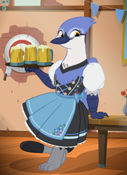 Size: 700x965 | Tagged: safe, artist:queencold, imported from derpibooru, oc, oc only, oc:gaela, bird, blue jay, griffon, bipedal, bipedal leaning, clothes, commission, dirndl, dress, griffon oc, leaning, mug, solo, tavern