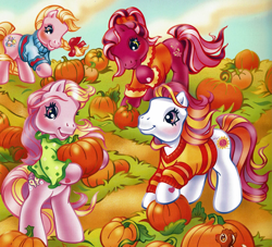 Size: 2277x2069 | Tagged: safe, artist:lyn fletcher, imported from derpibooru, cherry blossom (g3), cupcake (g3), fluttershy (g3), sunny daze, sunny daze (g3), chipmunk, earth pony, pony, alternate hairstyle, autumn, bipedal, blouse, bow, braid, clothes, female, g3, group, high res, looking down, mare, official, ponytail, pumpkin, pumpkin patch, scrunchie, sweater, the perfect pumpkin