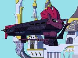 Size: 1024x763 | Tagged: safe, artist:sergeant16bit, imported from derpibooru, tempest shadow, airship, alternate universe, canterlot, canterlot castle, flying, inanimate tf, living object, looking at you, scar, storm king's emblem, transformation, vehicle, zeppelin