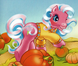 Size: 1137x961 | Tagged: safe, artist:lyn fletcher, imported from derpibooru, cotton candy (g3), earth pony, pony, autumn, clothes, female, g3, mare, official, pumpkin, pumpkin patch, scan, solo, sweater, the perfect pumpkin