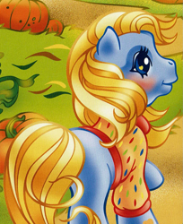 Size: 1017x1249 | Tagged: safe, artist:lyn fletcher, imported from derpibooru, autumn skye, earth pony, pony, autumn, clothes, female, from behind, g3, mare, official, pumpkin, scan, solo, the perfect pumpkin