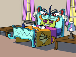 Size: 1024x763 | Tagged: safe, artist:sergeant16bit, imported from derpibooru, princess ember, smolder, thorax, changedling, changeling, bed, blanket, curtains, furniture, grin, horn, implied princess celestia, inanimate tf, king thorax, lamp, living object, objectification, pillow, smiling, table, transformation, wings