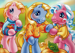 Size: 2261x1613 | Tagged: safe, artist:lyn fletcher, imported from derpibooru, autumn skye, cotton candy (g3), cupcake (g3), earth pony, pony, bipedal, braid, clothes, female, g3, group, mare, official, pumpkin, sweater, the perfect pumpkin, trio, trio female