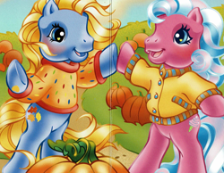 Size: 1933x1497 | Tagged: safe, imported from derpibooru, autumn skye, cotton candy (g3), earth pony, pony, autumn, bipedal, clothes, duo, duo female, female, g3, official, open mouth, pumpkin, sweater, the perfect pumpkin